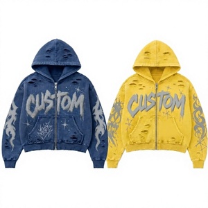 Sudadera con Capucha Personalizada de Forro Polar para Hombre, con Cierre, Corte Regular, Estilo Urbano, Estampado de Llamas en Aerosol, Azul y Amarillo, 100% Algodón - Product Image 1
