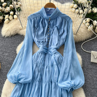 Robe Courte Élégante en Chiffon pour Femme WIWT, Col Montant, Manches Longues Lanterne, Ourlet Volanté, Idéale pour Soirées Décontractées