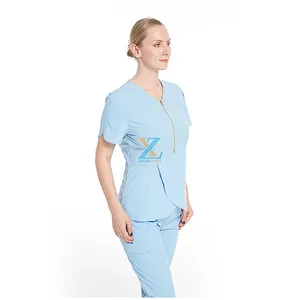 OEM blu chiaro uniforme femminile Medicals scrub Jogger set da allattamento con cerniera Top - Product Image 1