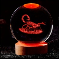 Boule décorative en cristal gravée au laser 3D en forme de scorpion, statue d'insecte en verre avec base, vente en gros