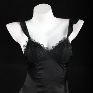 Chemise de nuit sexy en satin pour femme, robe nuisette noire sans manches avec dentelle, vêtement de nuit 8910 - Product Image 1