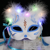 Masque d'Halloween à plumes lumineuses LED, demi-masque de chat de dessin animé, masque d'animal ancien, masques clignotants pour fête d'enfants