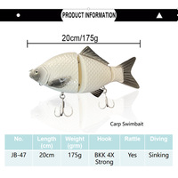 Leurre de pêche à la carpe multi-articulé TG 20cm 175g avec 4 hameçons BKK, swimbait 3 sections pour eau douce, brochet, brochette, gea
