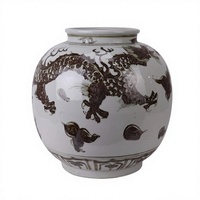Vase à fleurs en céramique fait main RZOX21-C Art Déco marron et blanc avec motif de dragon peint à la main, 100% fait main