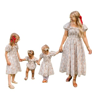 Casual Back Front Elastic Ruffles Short Sleeve Floral Mommy <strong>and</strong> Me Matching <strong>Outfits</strong> <strong>Mom</strong> <strong>and</strong> <strong>Daughter</strong> Dress - Product Image 1
