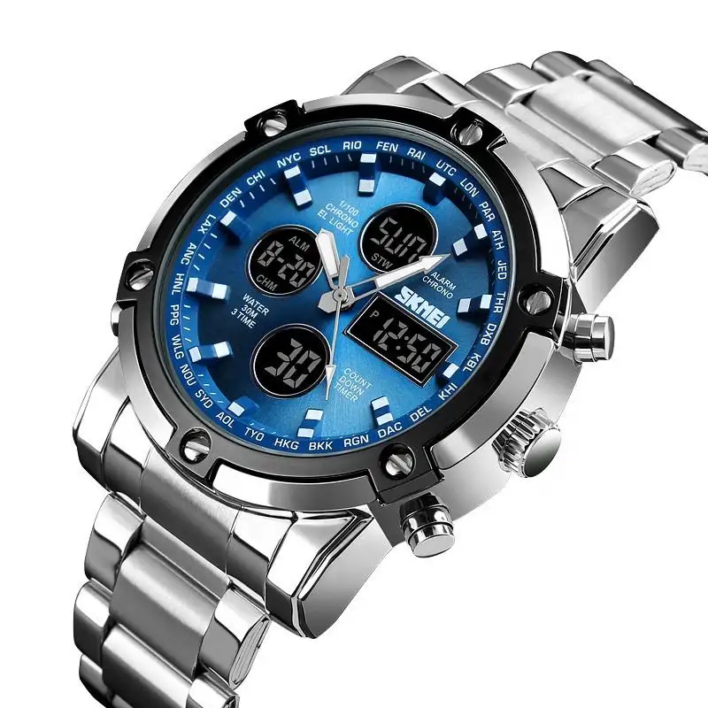 Relógio masculino cronômetro, marca de luxo 3 tempos skmei 1389 relógios de pulso de metal para homens