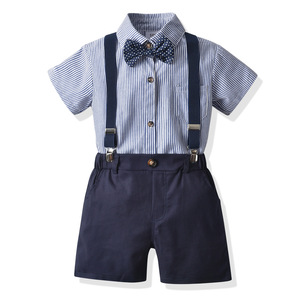 夏季男童蓝色条纹短袖衬衫领结带绅士套装儿童节连衣裙 - Product Image 1