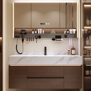 New light luxury style <b>walnut</b> slate hot-bent integrated basin bathroom cabinet combination washbasin cabinet - Product Image 1