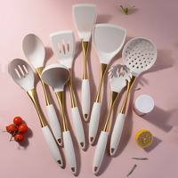 Meilleure vente : Ustensiles de cuisine en silicone de qualité alimentaire avec manche en acier inoxydable doré – Spatule, cuillère et passoire sûrs pour la cuisine