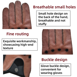 Gants de conduite en cuir de cerf véritable pour <span class=keywords><strong>homme</strong></span> Marron Respirant Confortable Gants de conduite cousus à la main avec bouton pression argenté - Product Image 4