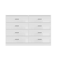 Cómoda Moderna Blanca de 113 cm con Acabado Brillante, 8 Cajones, Resistente a Arañazos, Tiradores Cromados, Antivuelco