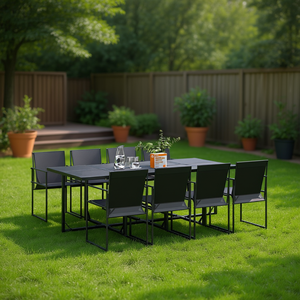 Set da Pranzo da Giardino Nero per 8 Persone, Struttura in Acciaio, Arredamento Minimalista da Esterno Resistente alle Intemperie - Product Image 2