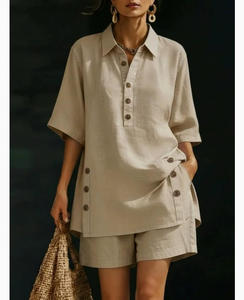 Completo Set Due Pezzi Donna Primavera Estate 2026: Camicia e Pantaloncini in Lino Casual alla Moda, Taglie Forti - Product Image 5