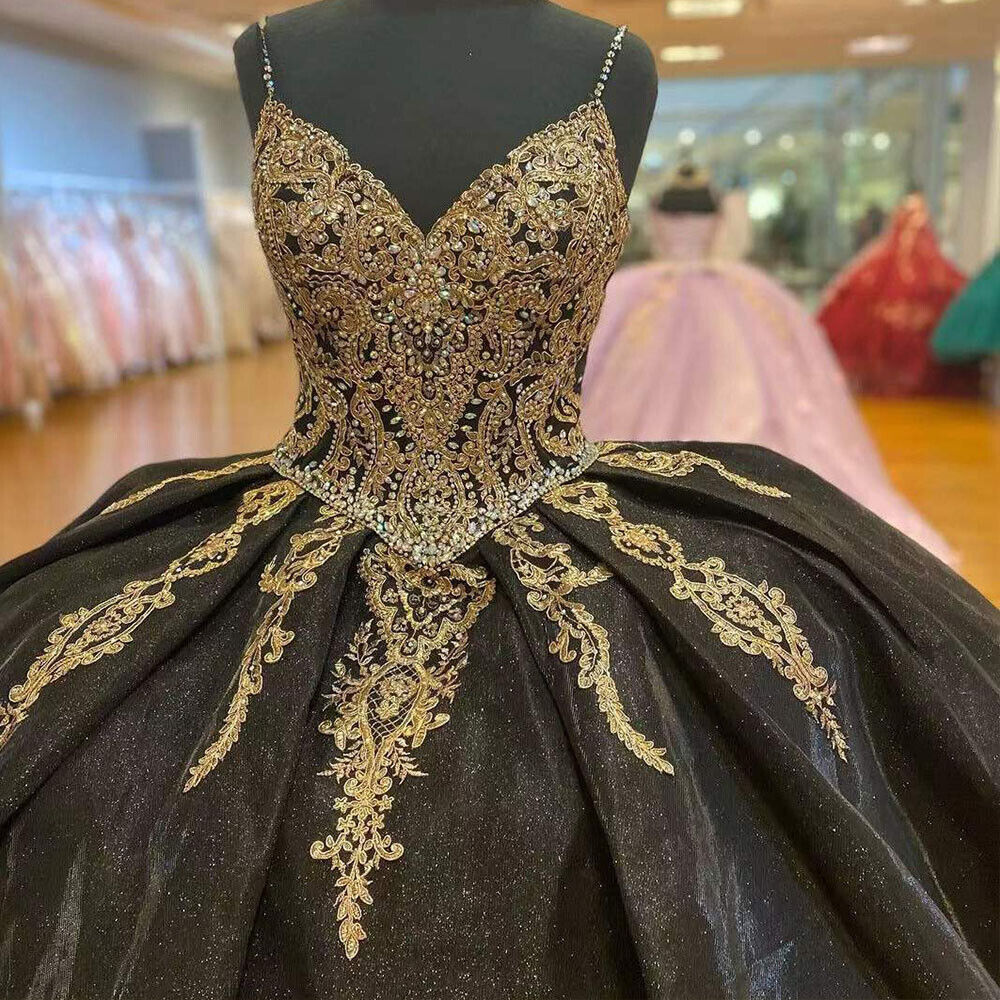 black and gold sweet 16 dress Black Crystal Quinceanera Dresses with Gold Applique