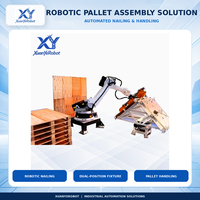 Ligne de production robotisée entièrement automatique pour le clouage de palettes en bois, poste de travail à double station pour l'assemblage, le clouage et l'empilage de palettes.