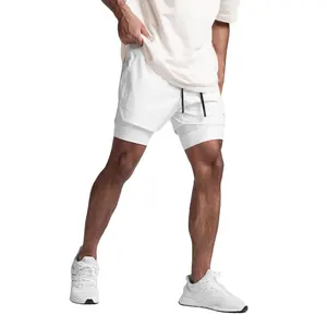 Pantalones cortos de entrenamiento de gimnasio de dos piezas ligeros blancos al por mayor para hombres