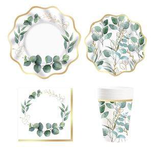 Damai Sage Greenery Paper Tableware Set <b>Disposable</b> <b>Plates</b> Gold Foil Eucalyptus Birthday Party Supplies - Product Image 4