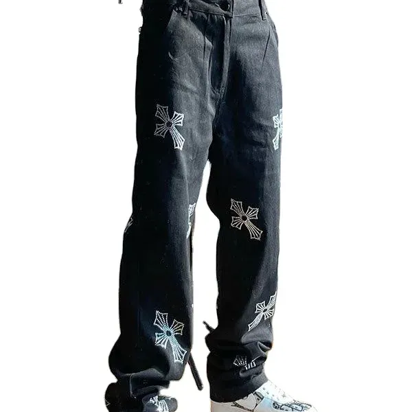 Bleu chaud diamant jeans hommes pantalons à jambes larges à la mode imprimé style coréen lâche jean droit Y2K hip hop denim pantalon