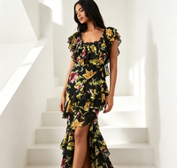 Robe longue en mousseline noire à volants et imprimé floral, dos ouvert, fente haute, pour femme grande taille, idéale pour soirée, mariage ou invitées