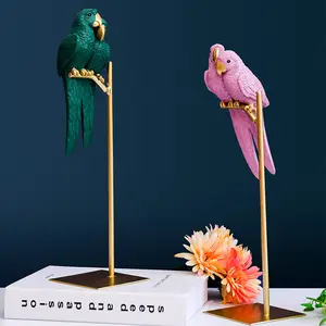 Nordic creative lovers parrot indoor decorations small bird animal sculpture resin crafts parrot statue with metal stand