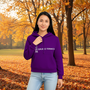 Sweat-shirt à capuche pour femme, violet, thermique, tricoté épais, manches longues, décontracté, pour l'automne, avec poches, logo sur la manche gauche - Product Image 2