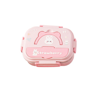 Boîte à lunch mignonne en forme de lapin fraise, couvercle en plastique rose, forme rectangulaire, pour enfants et usage au bureau - Product Image 1