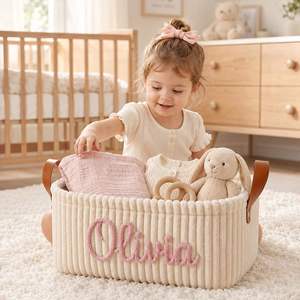 Cesta de Almacenamiento Plegable para Bebé, Estilo Bohemio, Personalizable, de Pana, con Asas Reforzadas de Cuero, para Ropa de Bebé - Product Image 3