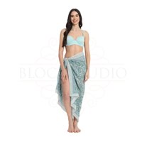 Sarung Pantai Katun Cetak Tangan Motif Gunung Es Hijau untuk Wanita, Penutup Bikini Ringan, Pakaian Pantai Musim Panas