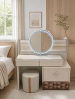 Ensemble coiffeuse avec panneau MDF haute brillance, miroir LED rond, meuble de rangement et tabouret