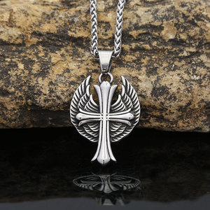 yunnique Titanium Steel <b>Cross</b> Pendant Necklace With Wings For Men Hip Hop Style Steel Colored <b>Chain</b> - Product Image 2