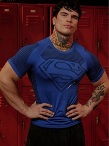 T-shirt da uomo a maniche corte stile americano, sportiva, traspirante, aderente, con design a tema muscolare - Product Image 1