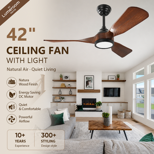 Ventilador de Techo de 42 Pulgadas con Luz y Control Remoto, Aspas de Madera, 3 Aspas, Motor DC Silencioso, Diseño de Madera Sólida para el Hogar - Product Image 1