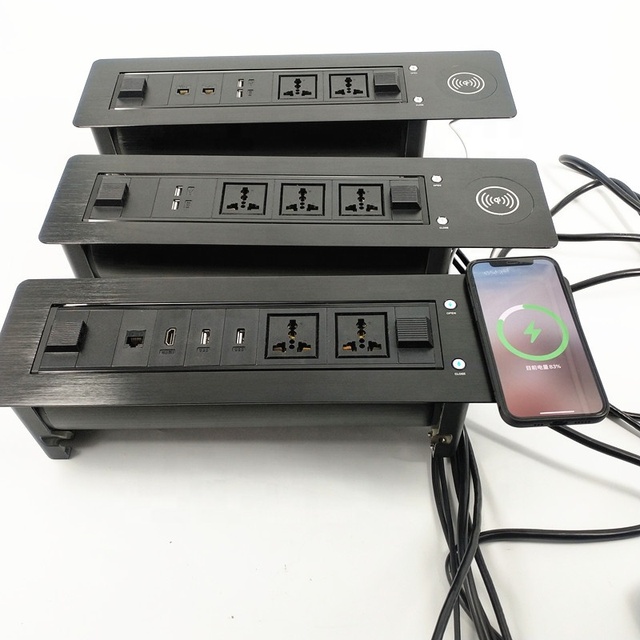 Customize Aluminum Universal Power Outlet USB  Data RJ45 Electric Flip up Rotary Pop up Table Socket with Wireless Charging