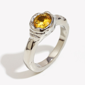 Stainless Steel Irregular Hammered Texture <b>Ring</b> 18K Gold Plated Yellow Zircon Inlay Vintage <b>Statement</b> Finger <b>Ring</b> For Women - Product Image 2