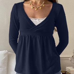 Camiseta de Punto Ecológica para Niñas, Cuello en V, Corte Ajustado en la Cintura, Manga Larga, Holgada, Color Puro y Simple - Product Image 1