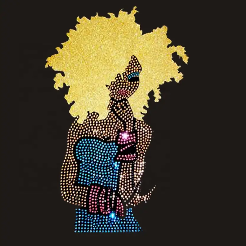 Best seller su misura in tessuto di scintillio del vinile Afro Girl Trasferimento di calore del Rhinestone di disegno