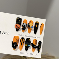Vente en gros usine Ongles à presser 3D d'Halloween faits main, longs, forme amande, motifs citrouille, chat, chauve-souris, fantôme, réutilisables, conception personnalisée OEM ODM
