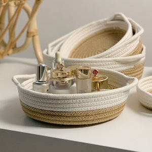 Panier de rangement rond en corde de coton, fait main, pour cosmétiques et bijoux, organisateur de bureau, en fibre de rotin naturelle tressée - Product Image 1