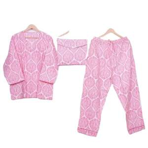 Pink Floral Woven Cotton Women Elastic Waist Hand Block Printed Breathable Casual Lightweight PJ Set Night <b>Suit</b> Autumn Dress - Product Image 1