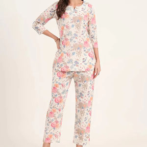 Nouvel ensemble de pyjama en coton à manches 3/4, imprimé floral, vêtements de nuit pour femmes, vêtements de nuit de couleur unie, prix de gros disponible - Product Image 1