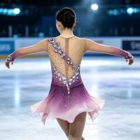 Robe de patinage artistique à manches longues en maille dégradée violet-rose, avec grand strass, dos en V et mousseline ondulée pour performance