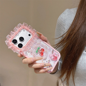 เคสโทรศัพท์มือถือลายลูกไม้กลิตเตอร์ประดับโบว์เชอร์รี่สำหรับ iPhone 17 16 15 14 Pro Max พร้อมดอกไม้ประดับกล้อง ลูกปัดเรซิ่น DIY ชาร์มตกแต่งฝาหลัง - Product Image 4