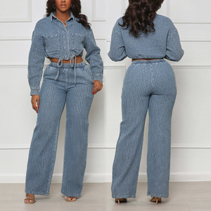 51025 Trendy Fall Women Jacket Outfits Stretch Cotton Denim <strong>Crop</strong> Jacket and Jeans Matching Sets Two Piece Jeans Denim Set Women - Product Image 1