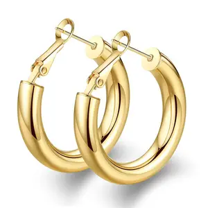 Wowshow ต่างหูห่วงทองคำสำหรับผู้หญิง,ต่างหูห่วงหนา14K ชุบทองแท้สำหรับเด็กผู้หญิงน้ำหนักเบา5มม. 6มม.