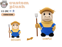 OEM ODM Mainan Sapi Peternak Bordir Kustom dari Bahan Plush Lembut dengan Topi & Garpu Jerami Bersertifikat CE CPC EN71 ASTM Pereda Stres Hadiah Anak