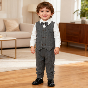 Nuovo Design di Abbigliamento per Bambini, Set di <span class=keywords><strong>Vestiti</strong></span> Autunnali per Ragazzi, Completo da Gentiluomo in 3 Pezzi con Gilet, Pantaloni e Papillon, Outfit per Neonati - Product Image 1