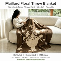 Plaid floral style Maillard, motif bouquet crème cacao, ultra doux, réversible, en velours, pour lecture, détente et espace de vie