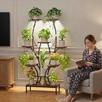 Support pour plantes à 3 niveaux avec éclairage LED à spectre complet, étagère d'angle en bois et métal de 63 pouces, 2 crochets anti-basculement pour intérieur