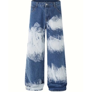 Pantalon droit américain pour homme, dégradé bleu et blanc, multifonctionnel, nouveau jean rétro taille haute, délavé à la pierre - Product Image 1