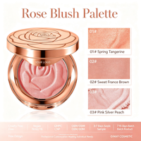 Fard à joues rose scintillant haute pigmentation avec logo personnalisé, motif floral en relief, pinceau intégré et miroir pour maquillage professionnel – Vente en gros